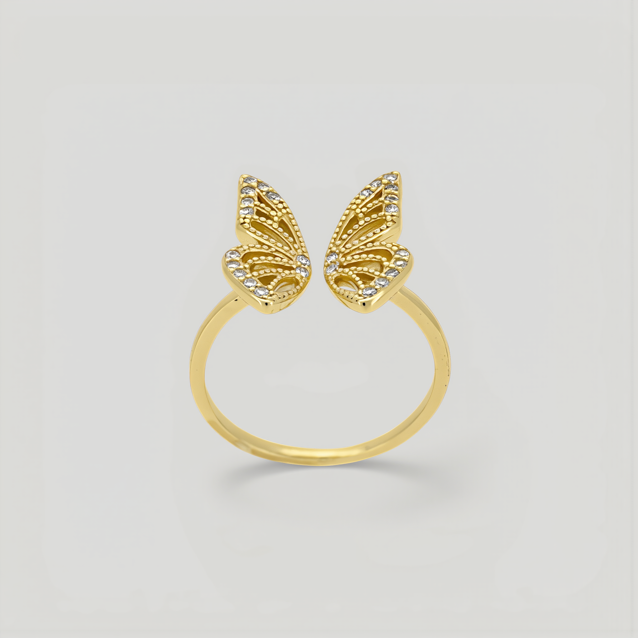 Amara Jewels gold-plated 925 sterling silver open ring with intricate butterfly design and shimmering accents.