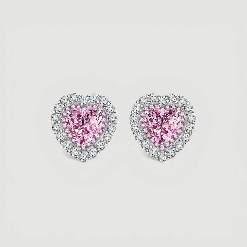 Amara Jewels Sterling Silver Pink Heart Crystal Stud Earrings with CZ halo