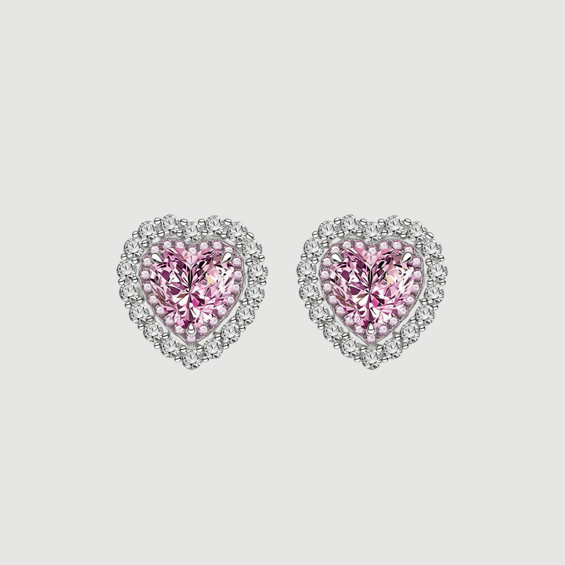 Amara Jewels Sterling Silver Pink Heart Crystal Stud Earrings with CZ halo