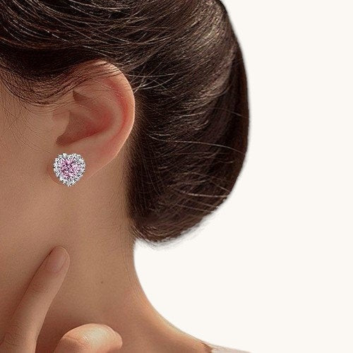 Amara Jewels Sterling Silver Pink Heart Crystal Stud Earrings with CZ halo