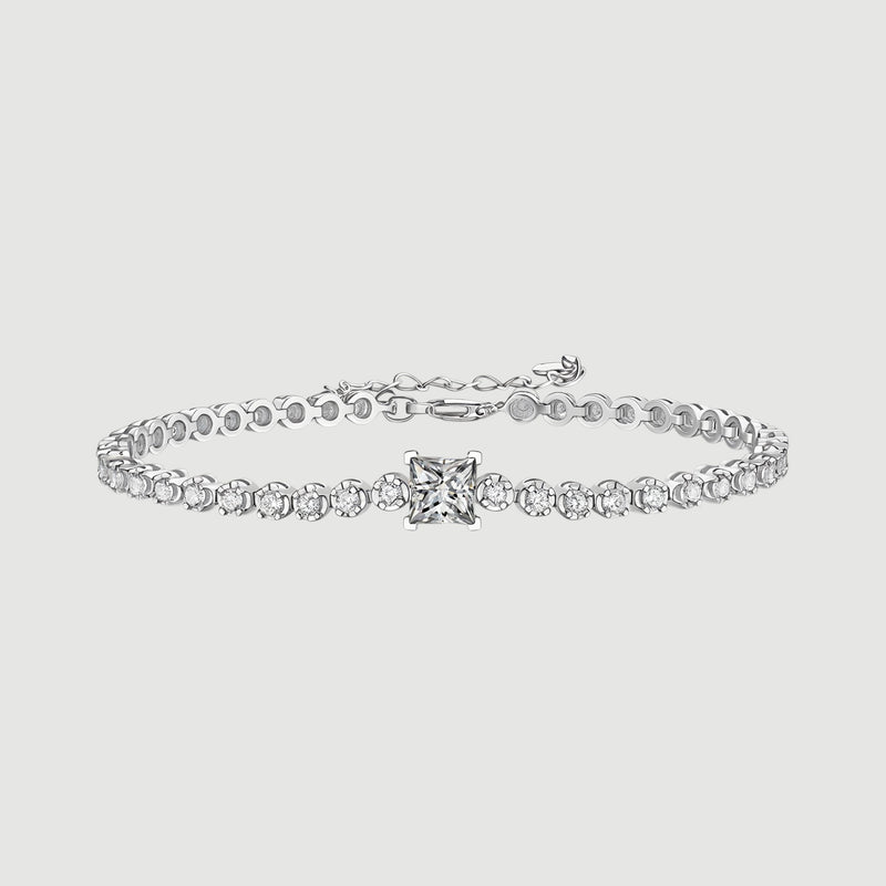 Amara Jewels 925 sterling silver tennis bracelet with princess-cut zirconia centerpiece and round-cut stones.