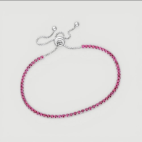 Amara Jewels sterling silver adjustable tennis bracelet with pink ruby gemstones and slider clasp.