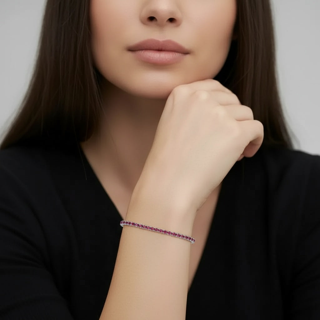 Amara Jewels sterling silver adjustable tennis bracelet with pink ruby gemstones and slider clasp.