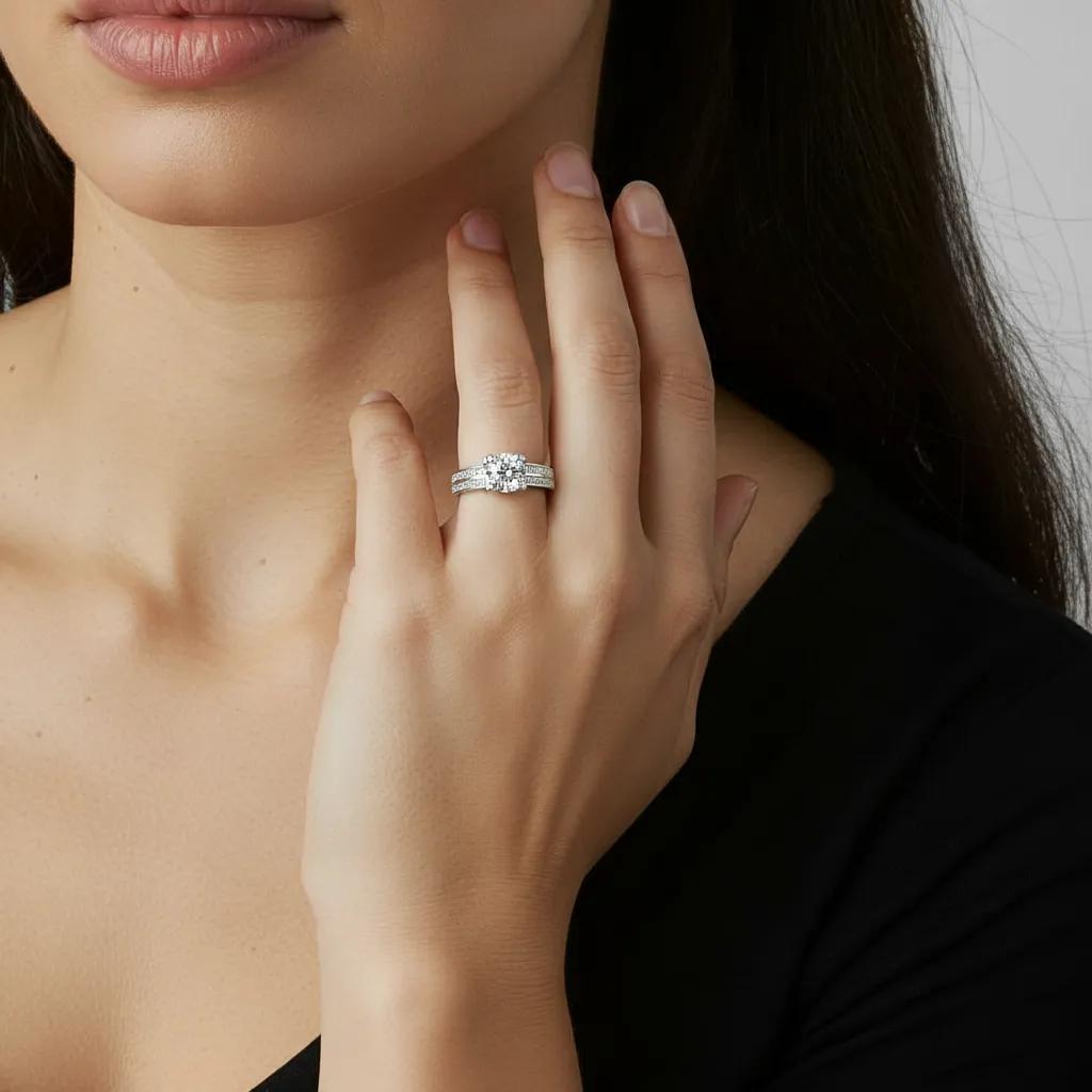 Amara Jewels Sterling Silver adjustable ring with round-cut solitaire and pave CZ band.