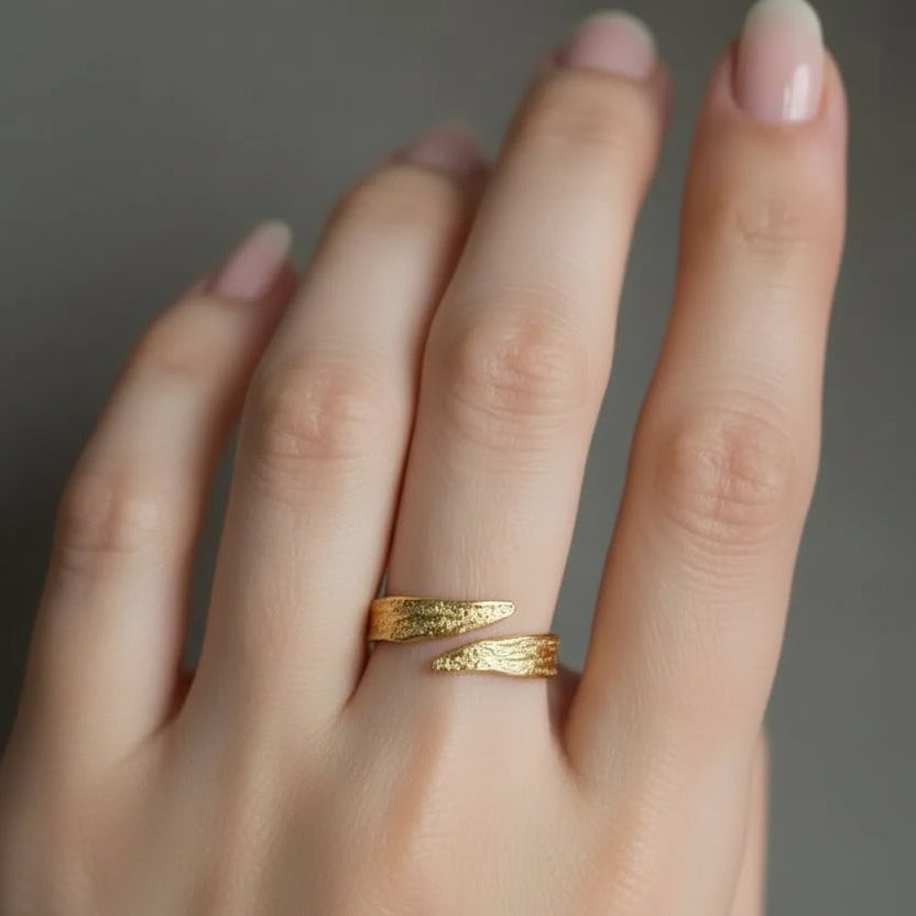 Amara Jewels textured open ring in gold-tone sterling silver with an organic, artisanal design.