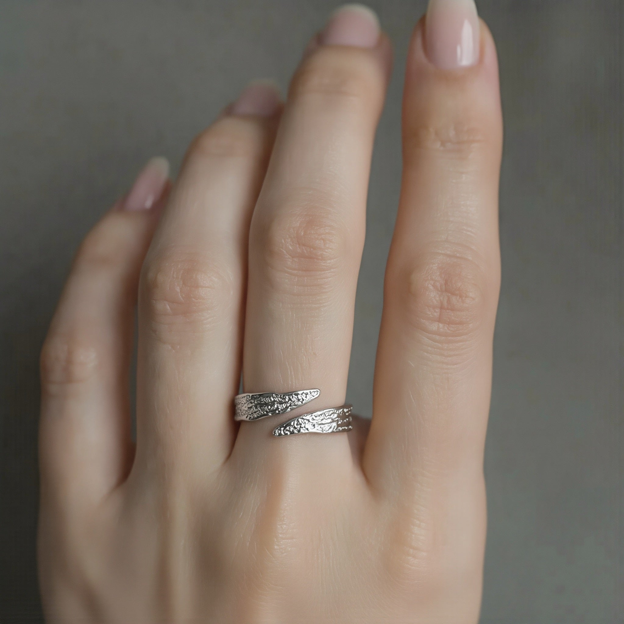 Amara Jewels textured sterling silver wrap ring with an open-ended design and artisanal feel.