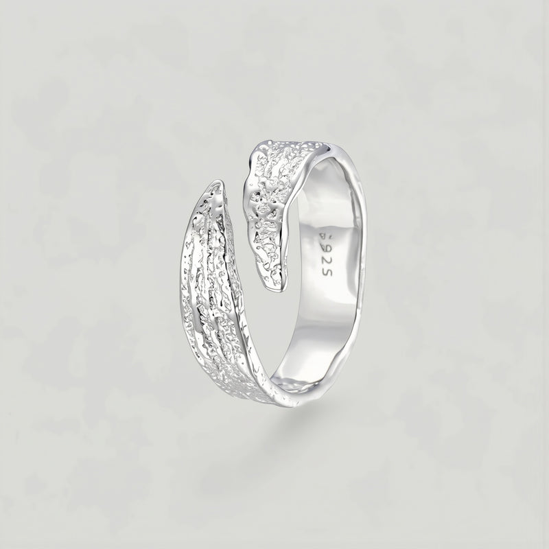 Amara Jewels textured sterling silver wrap ring with an open-ended design and artisanal feel.