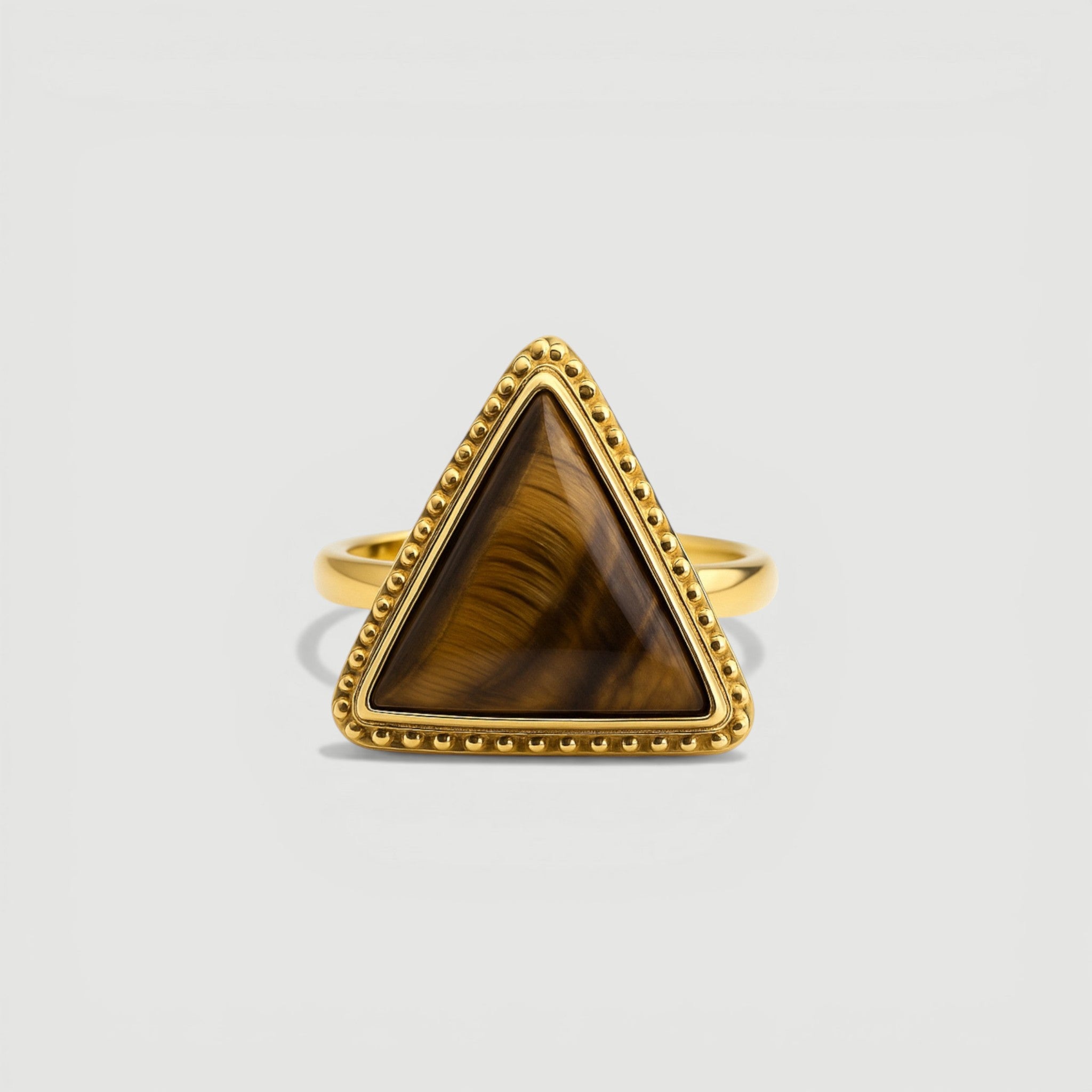 Amara Jewels gold vermeil ring with triangle-cut Tiger Eye gemstone. Boho-chic style.