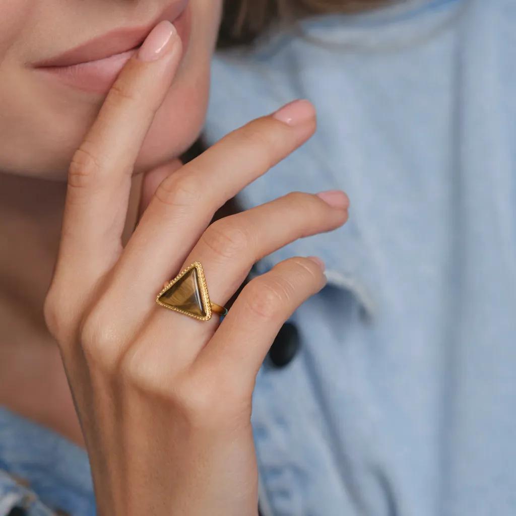 Amara Jewels gold vermeil ring with triangle-cut Tiger Eye gemstone. Boho-chic style.