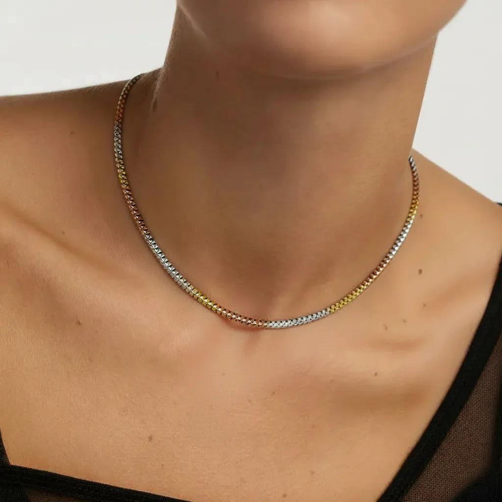 Amara Jewels Tricolor Italian chain necklace in sterling silver with diamond-cut texture, featuring silver, yellow gold, and rose gold tones.