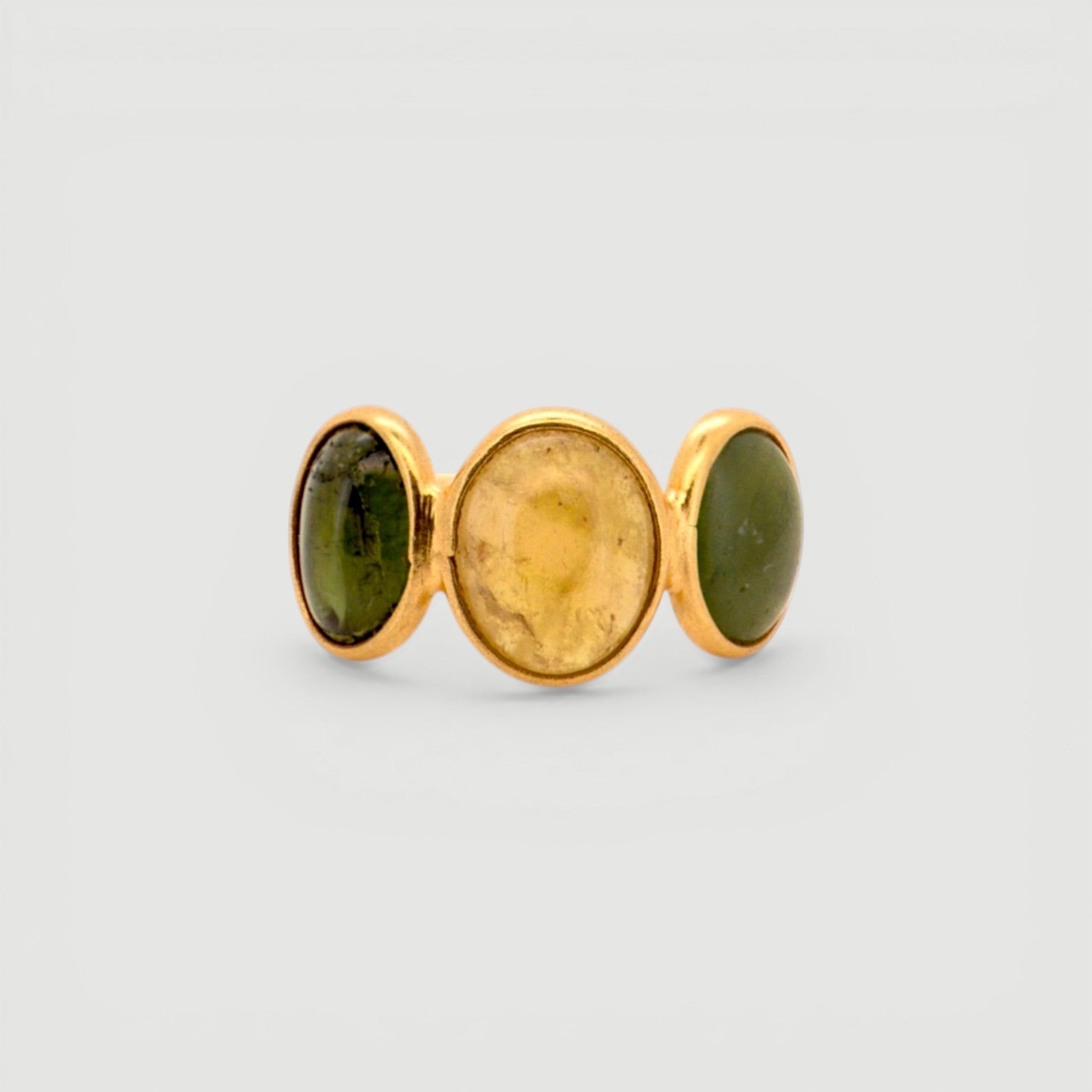 Amara Jewels Triple Gemstone Statement Ring in 18K gold plated sterling silver with green and yellow gemstones.