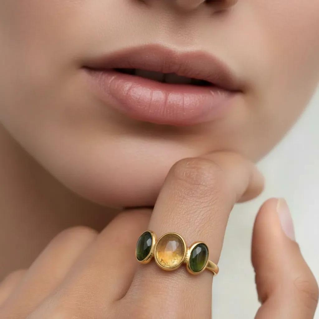 Amara Jewels Triple Gemstone Statement Ring in 18K gold plated sterling silver with green and yellow gemstones.