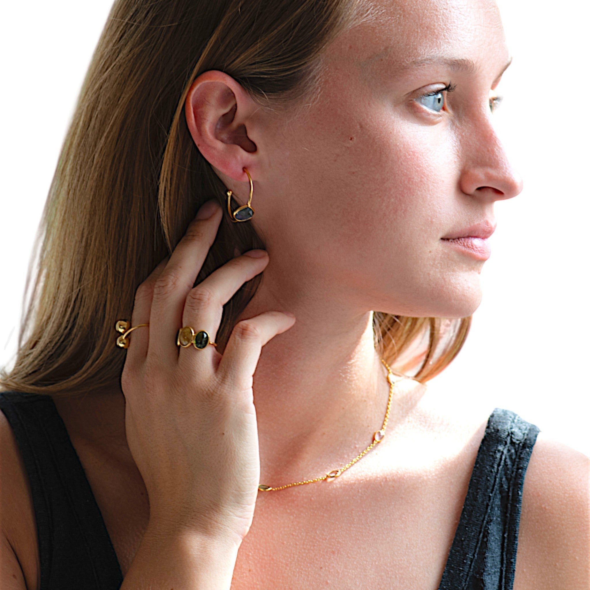 Amara Jewels Triple Gemstone Statement Ring in 18K gold plated sterling silver with green and yellow gemstones.