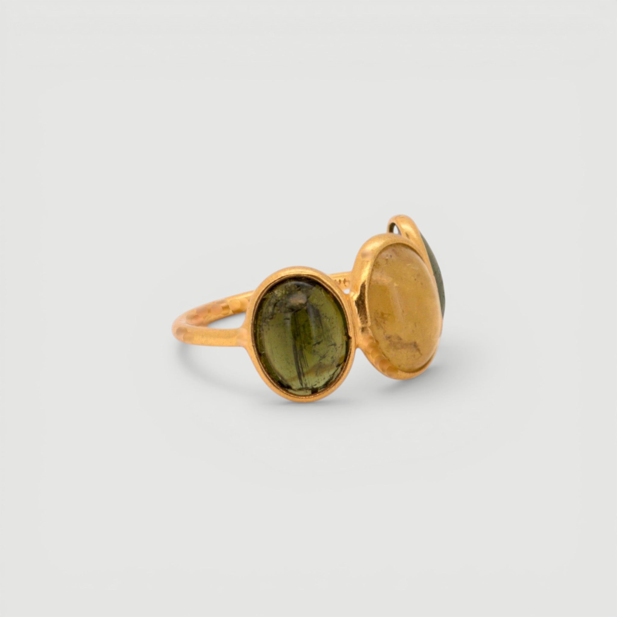 Amara Jewels Triple Gemstone Statement Ring in 18K gold plated sterling silver with green and yellow gemstones.