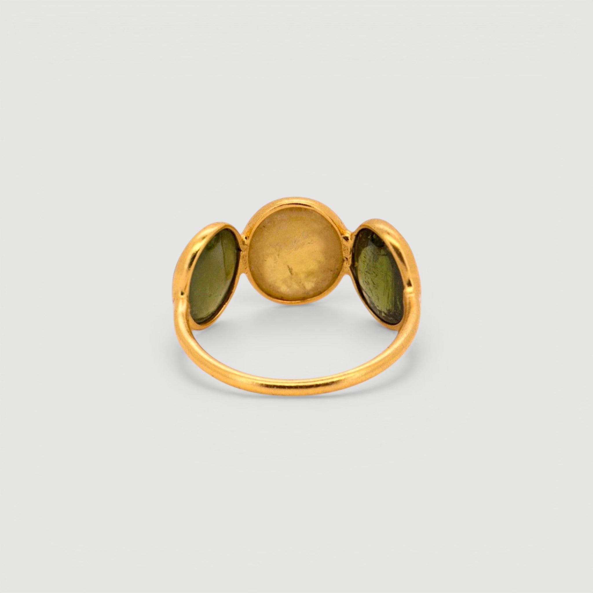 Amara Jewels Triple Gemstone Statement Ring in 18K gold plated sterling silver with green and yellow gemstones.