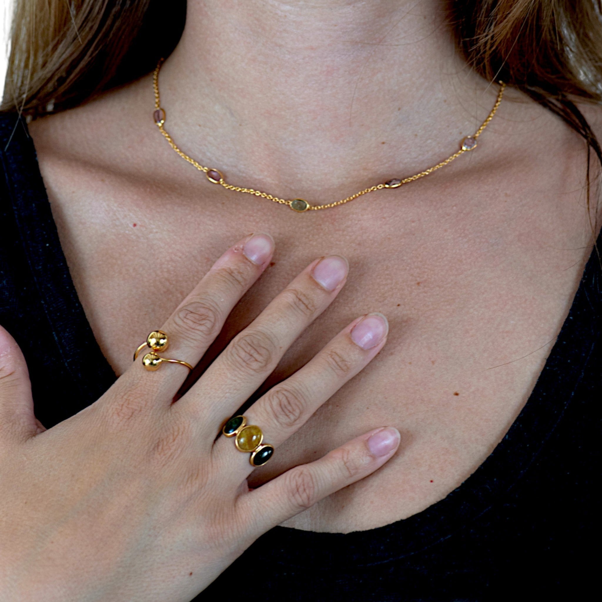 Amara Jewels Triple Gemstone Statement Ring in 18K gold plated sterling silver with green and yellow gemstones.